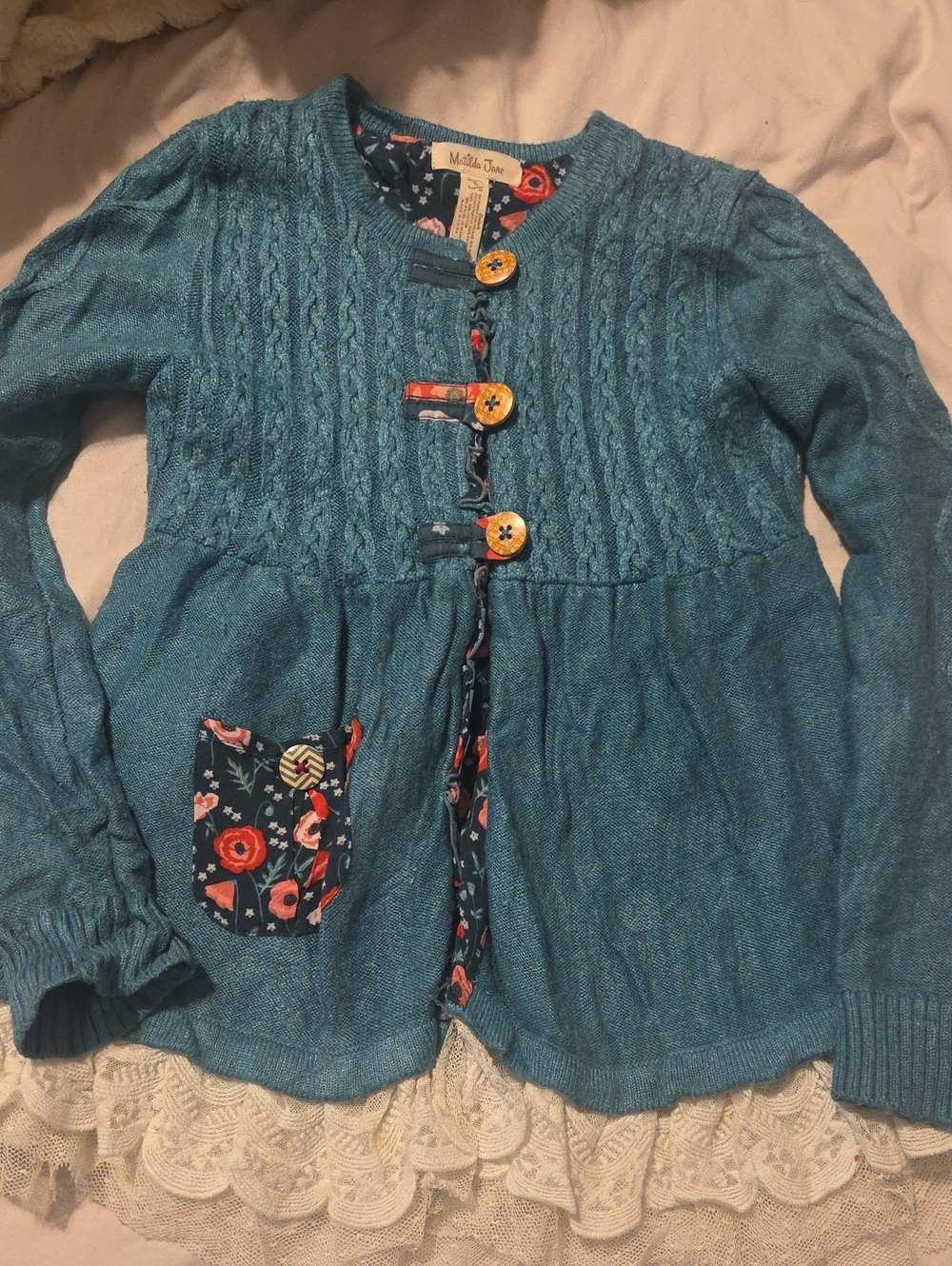 Matilda Jane Teal Cable Knit Lace Floral-Trim Cardigan